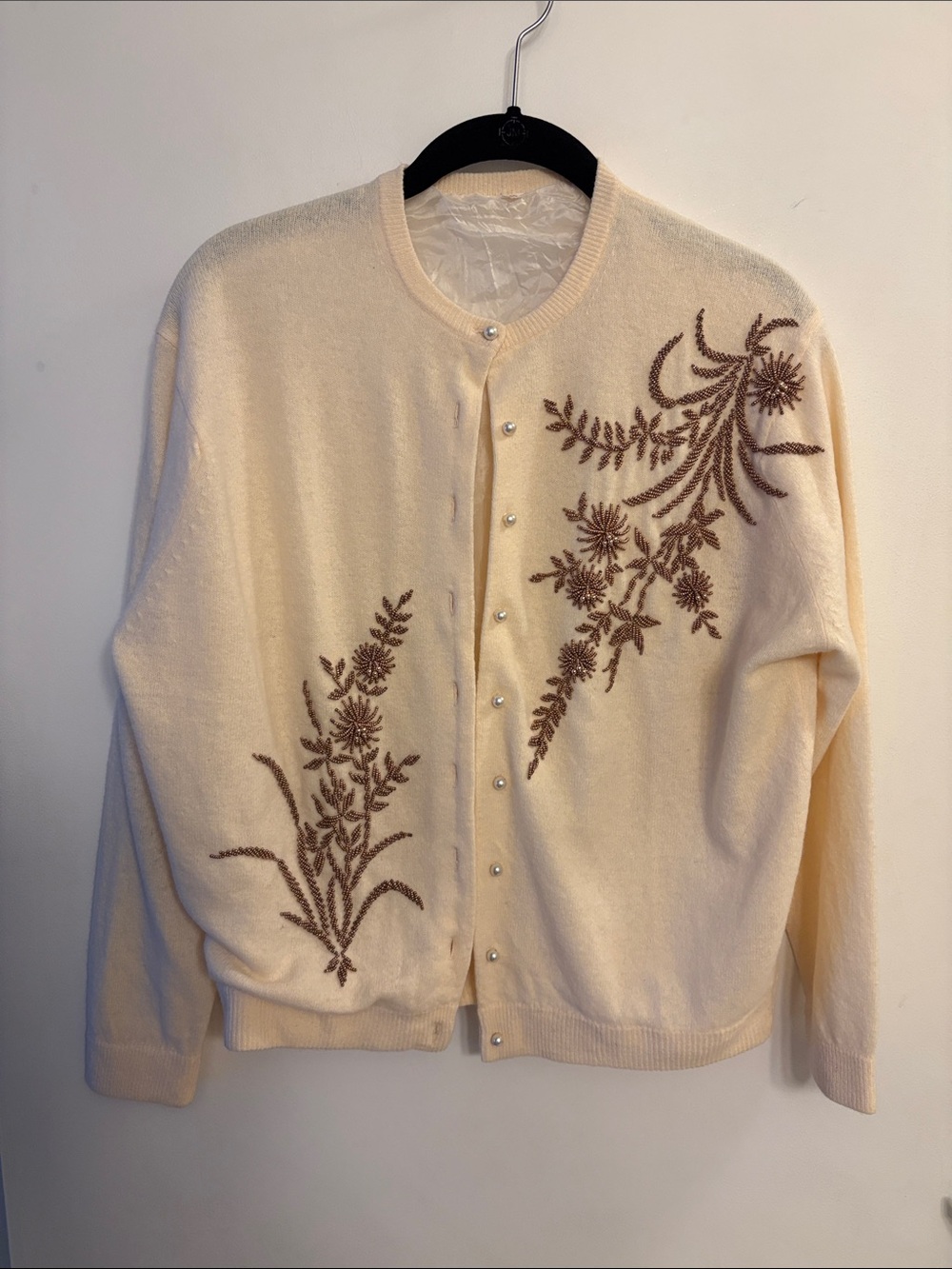 Vintage Wool Cream Brass Bead Floral Embroidered Button-Front Sweater - Sz M/L